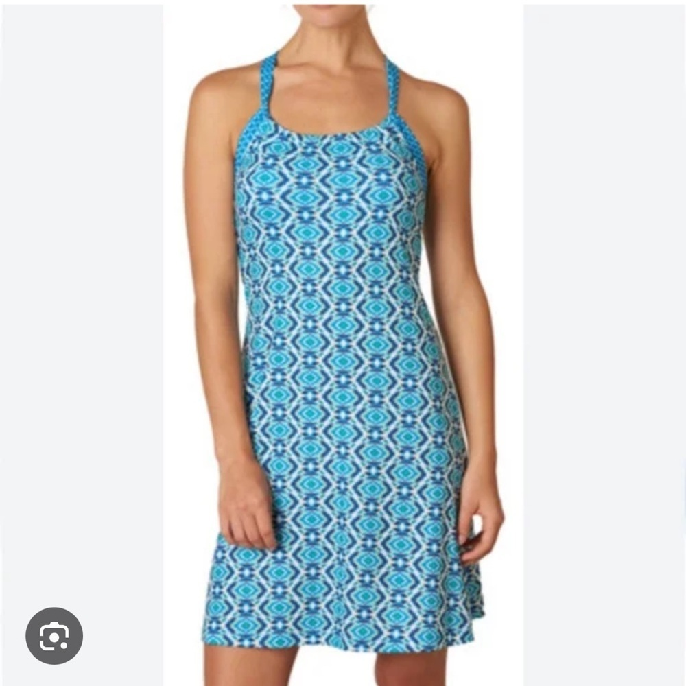 PRANA Blue Green Halter Quin Mini Active Dress Racerback with Built in Bra M